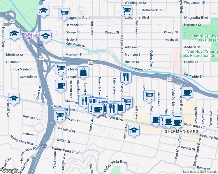 map of restaurants, bars, coffee shops, grocery stores, and more near 4724 Lemona Avenue in Los Angeles