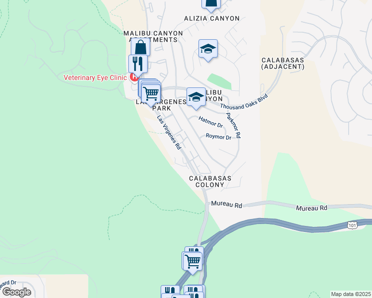 map of restaurants, bars, coffee shops, grocery stores, and more near 5448 Las Virgenes Road in Calabasas