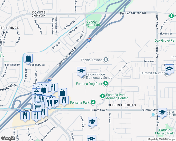 map of restaurants, bars, coffee shops, grocery stores, and more near 15519 Syracuse Lane in Fontana