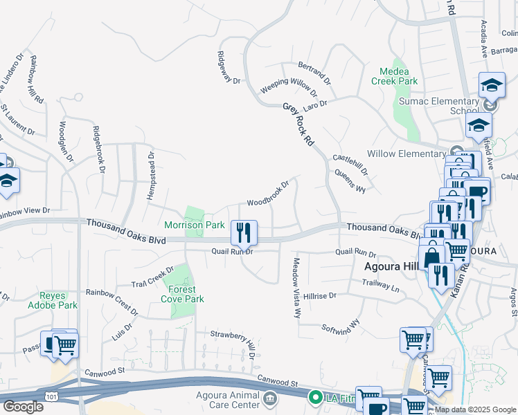 map of restaurants, bars, coffee shops, grocery stores, and more near 29628 Woodbrook Drive in Agoura Hills