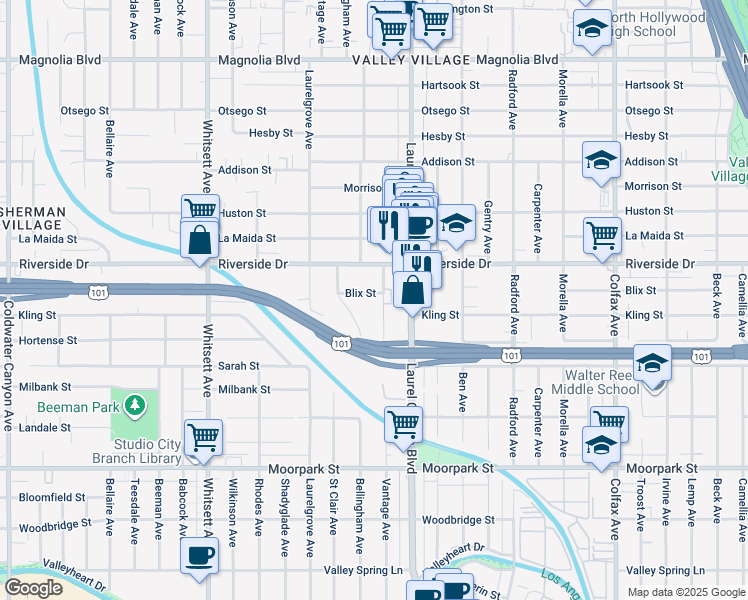 map of restaurants, bars, coffee shops, grocery stores, and more near 12144 Blix Street in Los Angeles