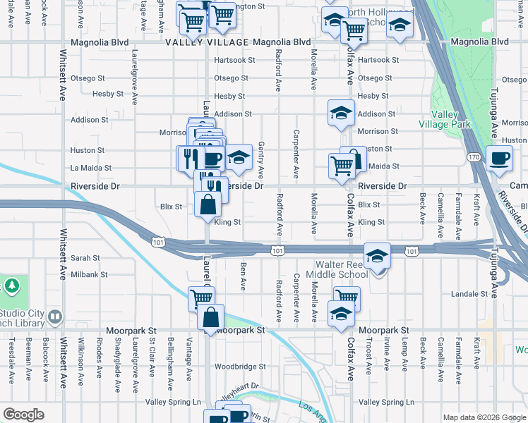 map of restaurants, bars, coffee shops, grocery stores, and more near 11935 Kling Street in Los Angeles
