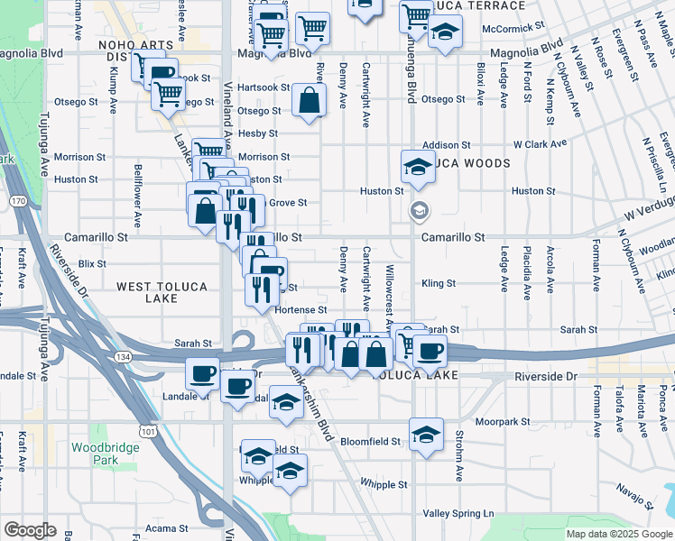 map of restaurants, bars, coffee shops, grocery stores, and more near 10740 Blix Street in Los Angeles