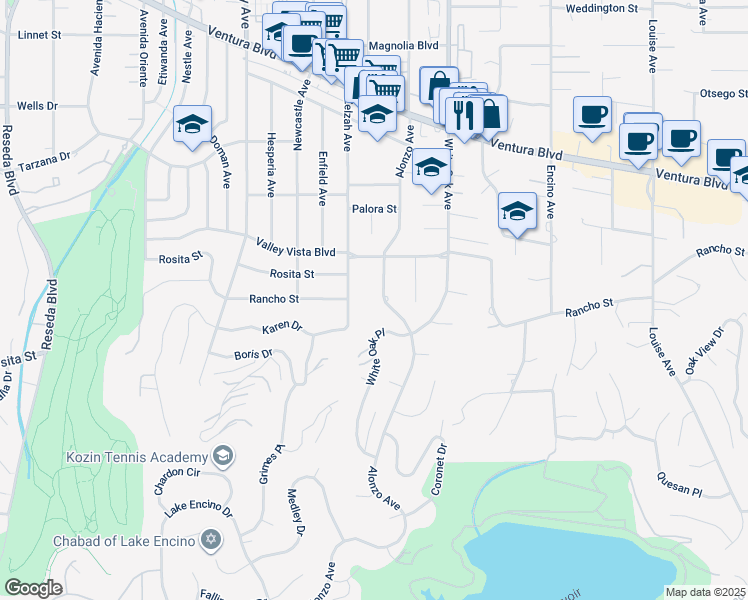 map of restaurants, bars, coffee shops, grocery stores, and more near 4727 Alonzo Avenue in Los Angeles