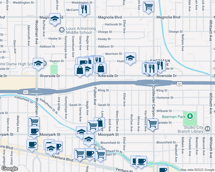 map of restaurants, bars, coffee shops, grocery stores, and more near 4719 Atoll Avenue in Los Angeles
