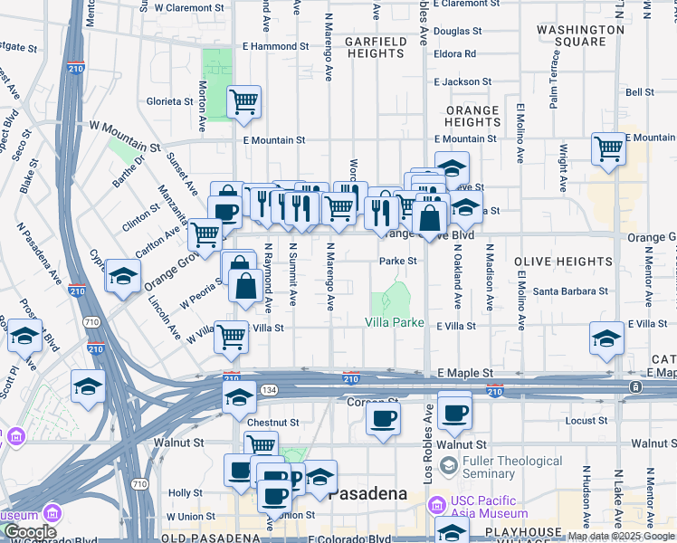 map of restaurants, bars, coffee shops, grocery stores, and more near 612 North Marengo Avenue in Pasadena
