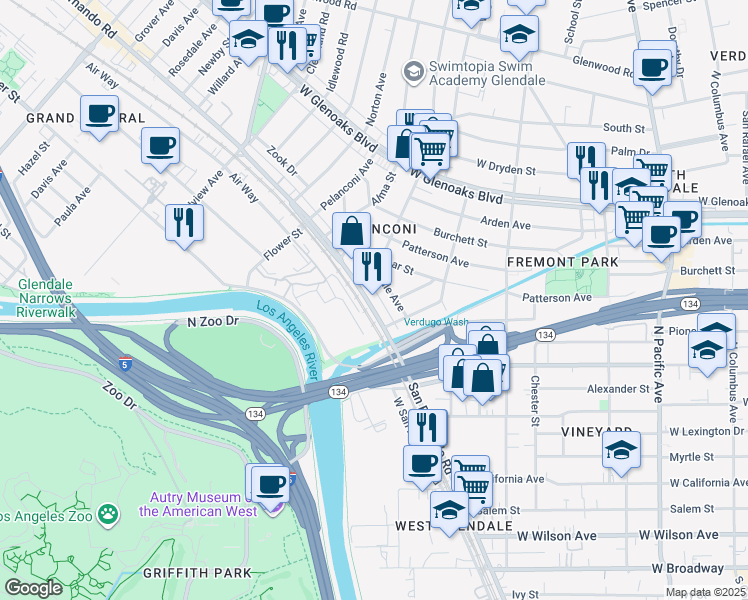 map of restaurants, bars, coffee shops, grocery stores, and more near 729 Dale Avenue in Glendale