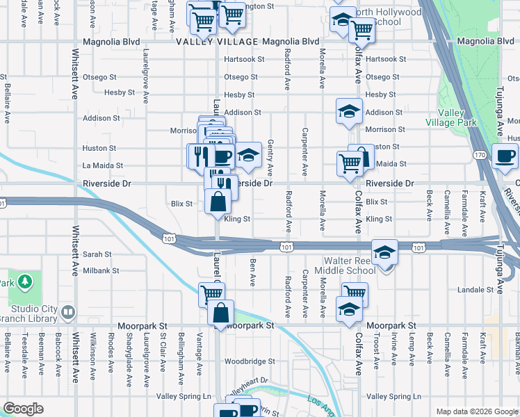 map of restaurants, bars, coffee shops, grocery stores, and more near 11935 Kling Street in Los Angeles