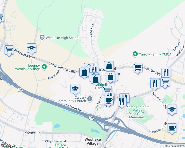 map of restaurants, bars, coffee shops, grocery stores, and more near 31312 Via Colinas in Westlake Village