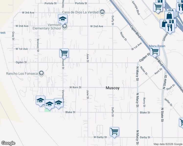 map of restaurants, bars, coffee shops, grocery stores, and more near 3317 June Street in Muscoy