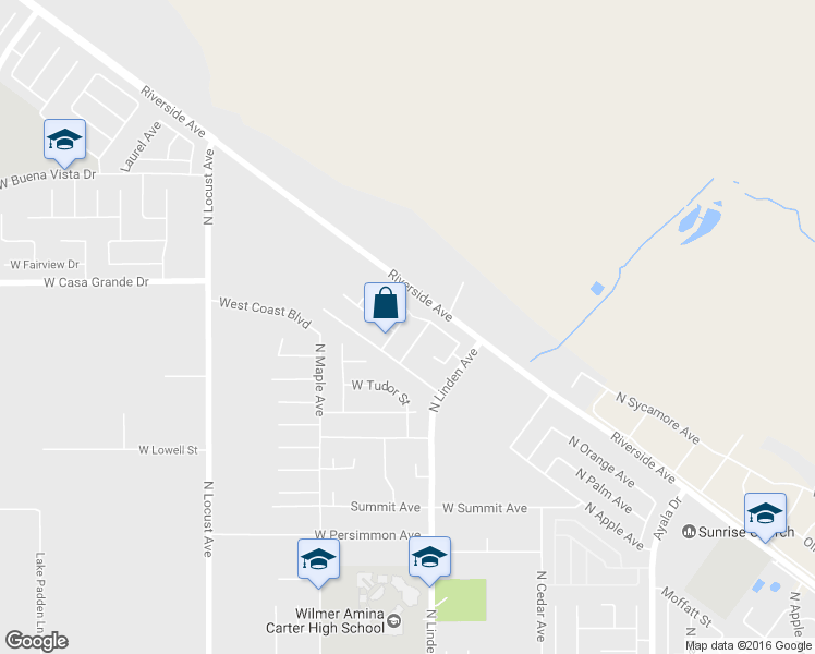 map of restaurants, bars, coffee shops, grocery stores, and more near 3169 North Ashford Avenue in Rialto