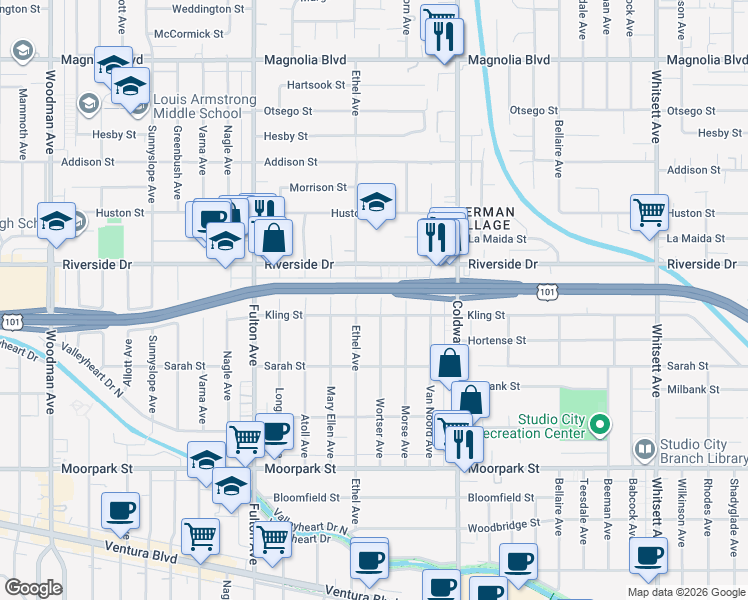 map of restaurants, bars, coffee shops, grocery stores, and more near 4719 Wortser Avenue in Los Angeles