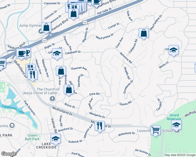 map of restaurants, bars, coffee shops, grocery stores, and more near 4785 Burgundy Road in Los Angeles
