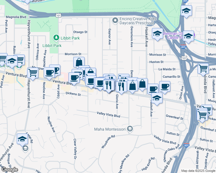 map of restaurants, bars, coffee shops, grocery stores, and more near 15945 Ventura Boulevard in Los Angeles
