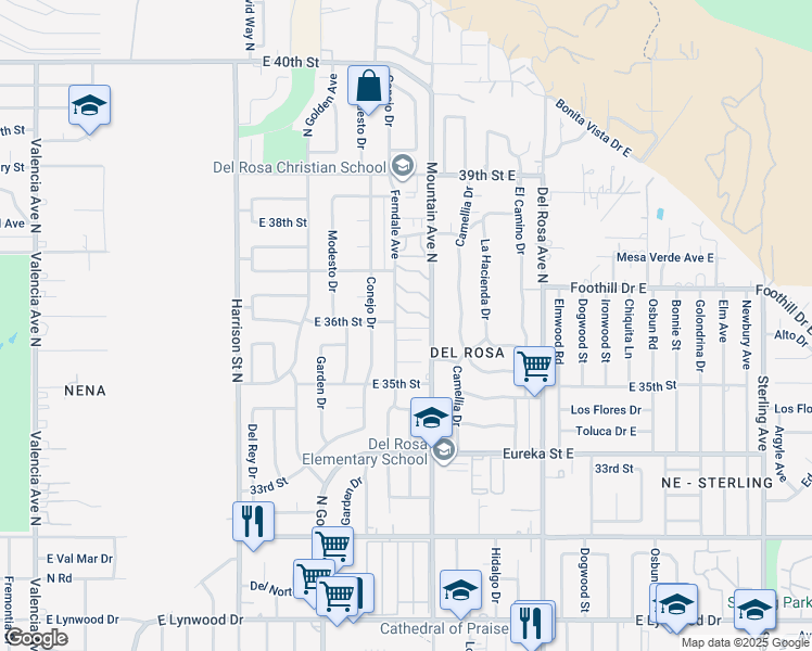 map of restaurants, bars, coffee shops, grocery stores, and more near 3600 Mountain Avenue North in San Bernardino