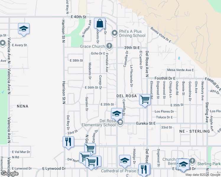 map of restaurants, bars, coffee shops, grocery stores, and more near 3600 Mountain Avenue North in San Bernardino
