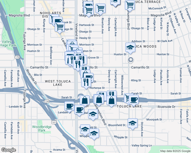 map of restaurants, bars, coffee shops, grocery stores, and more near 10834 Blix Street in North Hollywood