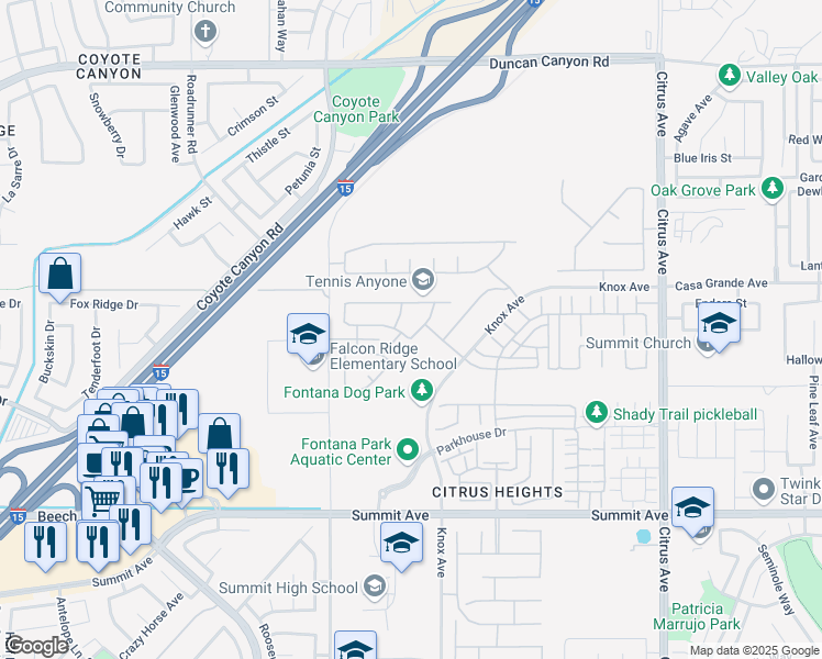 map of restaurants, bars, coffee shops, grocery stores, and more near 5368 Campania Way in Fontana