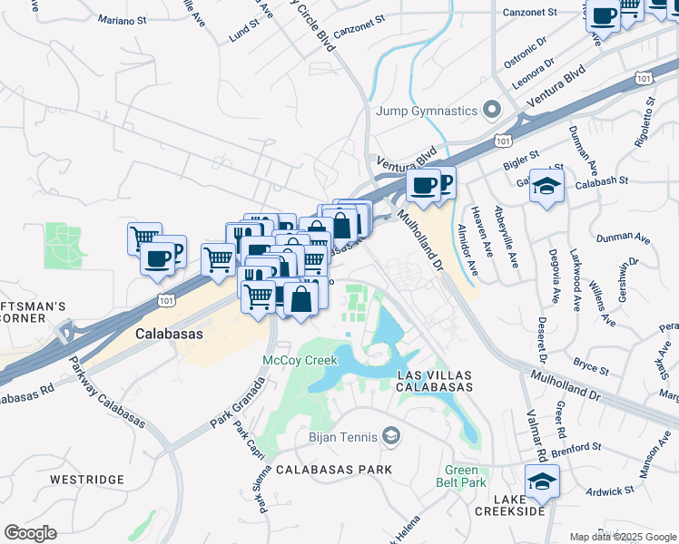 map of restaurants, bars, coffee shops, grocery stores, and more near 23491 Park Sorrento in Calabasas