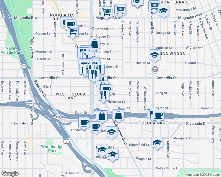map of restaurants, bars, coffee shops, grocery stores, and more near 10852 Blix Street in Los Angeles