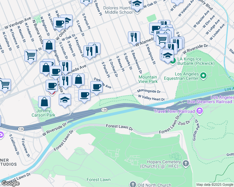 map of restaurants, bars, coffee shops, grocery stores, and more near 738 South Parish Place in Burbank