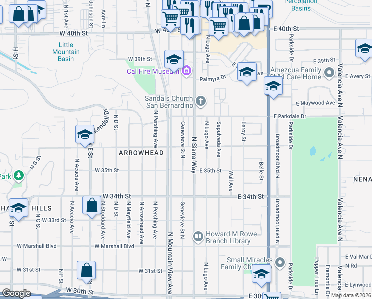 map of restaurants, bars, coffee shops, grocery stores, and more near 3599 Genevieve Street North in San Bernardino