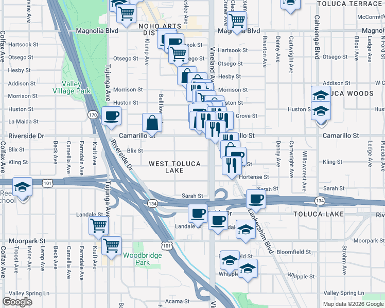 map of restaurants, bars, coffee shops, grocery stores, and more near 11038 Blix Street in Los Angeles