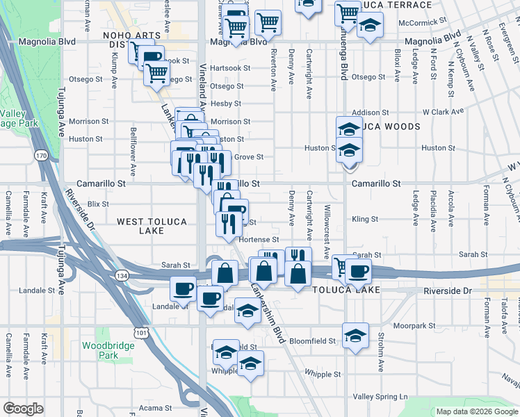 map of restaurants, bars, coffee shops, grocery stores, and more near 10824 Blix Street in Los Angeles