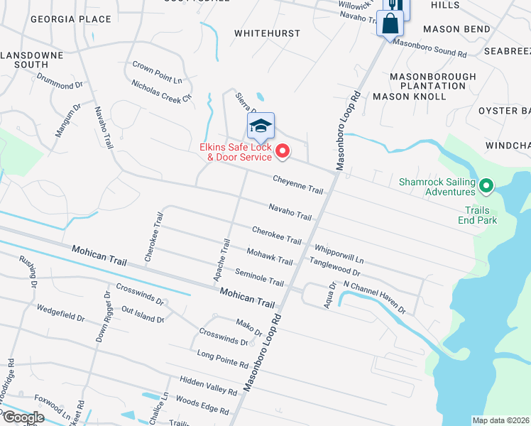 map of restaurants, bars, coffee shops, grocery stores, and more near 141 Navaho Trail in Wilmington