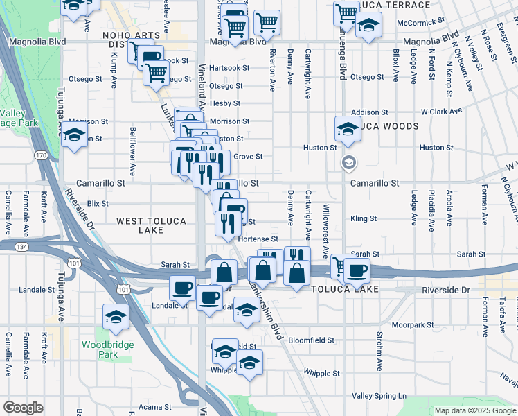 map of restaurants, bars, coffee shops, grocery stores, and more near 10824 Blix Street in Los Angeles