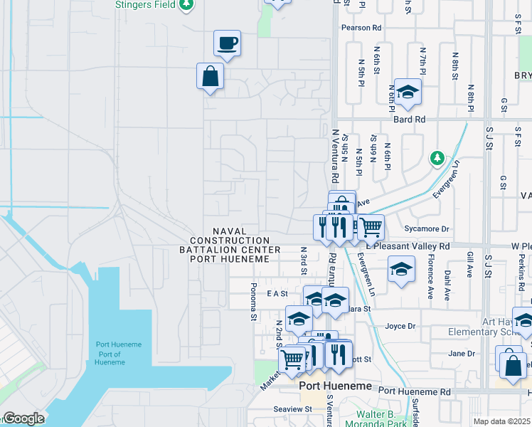 map of restaurants, bars, coffee shops, grocery stores, and more near 1001 North Guam Drive in Port Hueneme