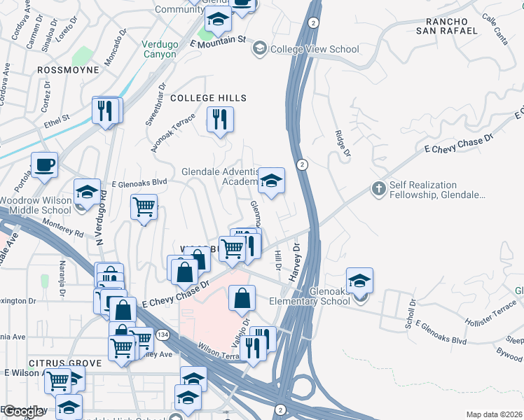 map of restaurants, bars, coffee shops, grocery stores, and more near 658 Glenmore Boulevard in Glendale