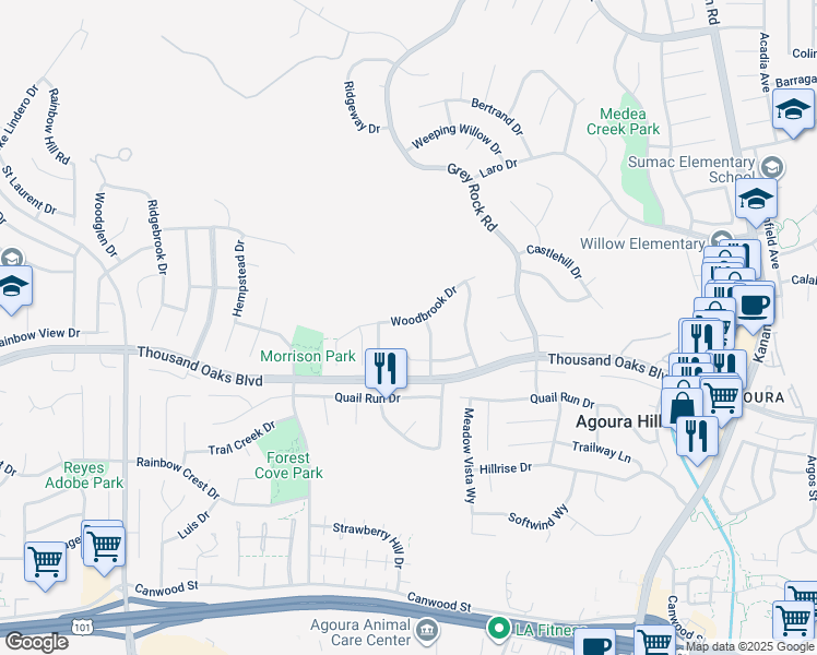 map of restaurants, bars, coffee shops, grocery stores, and more near 29628 Woodbrook Drive in Agoura Hills