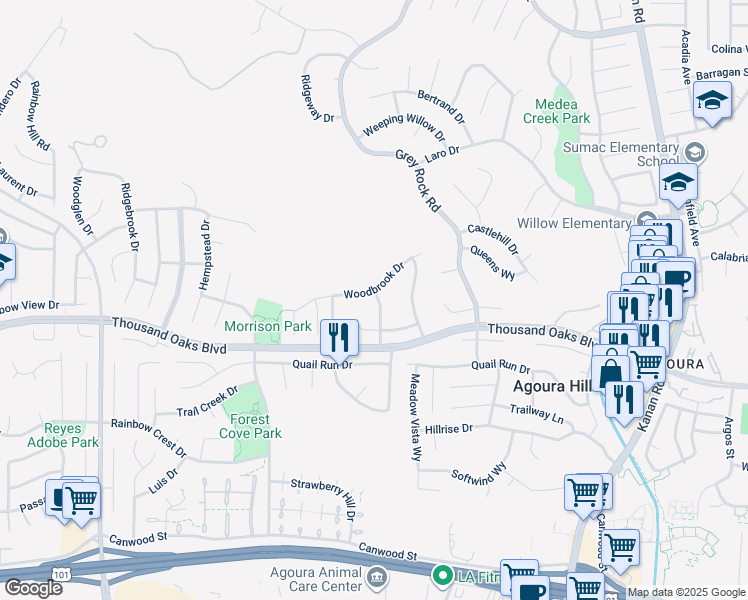 map of restaurants, bars, coffee shops, grocery stores, and more near 29608 Woodbrook Drive in Agoura Hills