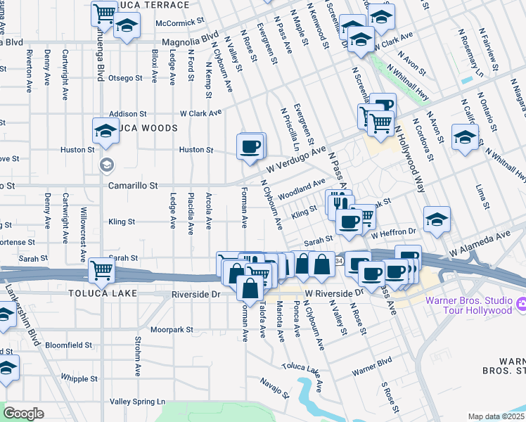 map of restaurants, bars, coffee shops, grocery stores, and more near 4722 Forman Lane in Los Angeles