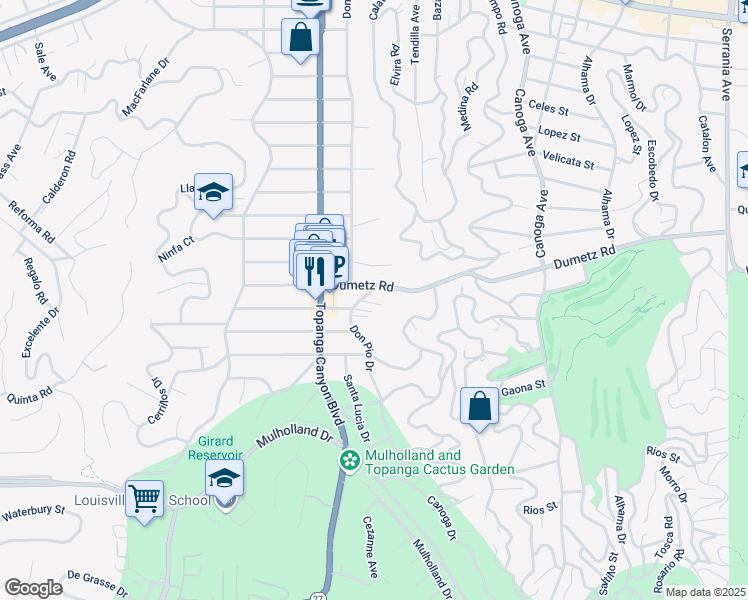 map of restaurants, bars, coffee shops, grocery stores, and more near 21830 Dumetz Road in Los Angeles