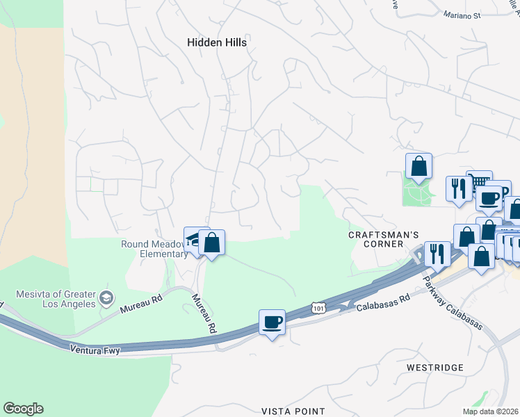 map of restaurants, bars, coffee shops, grocery stores, and more near 24540 John Colter Road in Hidden Hills