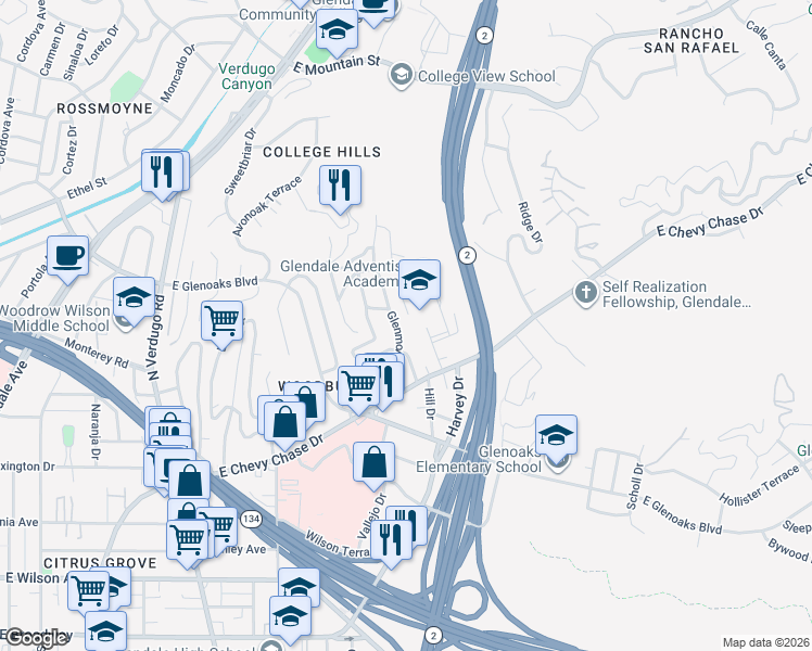 map of restaurants, bars, coffee shops, grocery stores, and more near 658 Glenmore Boulevard in Glendale
