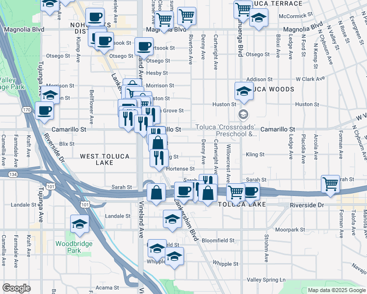map of restaurants, bars, coffee shops, grocery stores, and more near 10818 Blix Street in Los Angeles