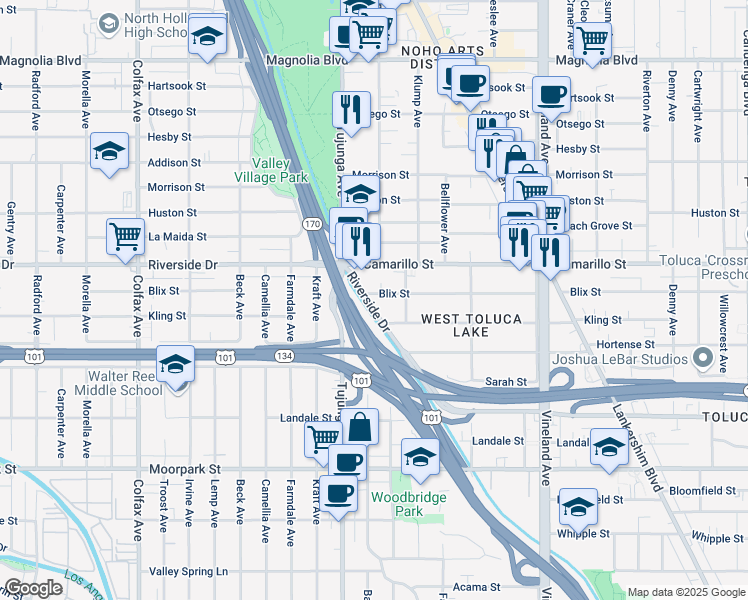 map of restaurants, bars, coffee shops, grocery stores, and more near 11330 Blix Street in Los Angeles