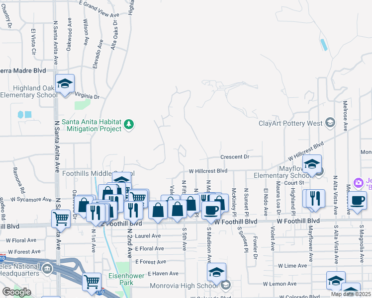 map of restaurants, bars, coffee shops, grocery stores, and more near 318 North Terrace View Drive in Monrovia