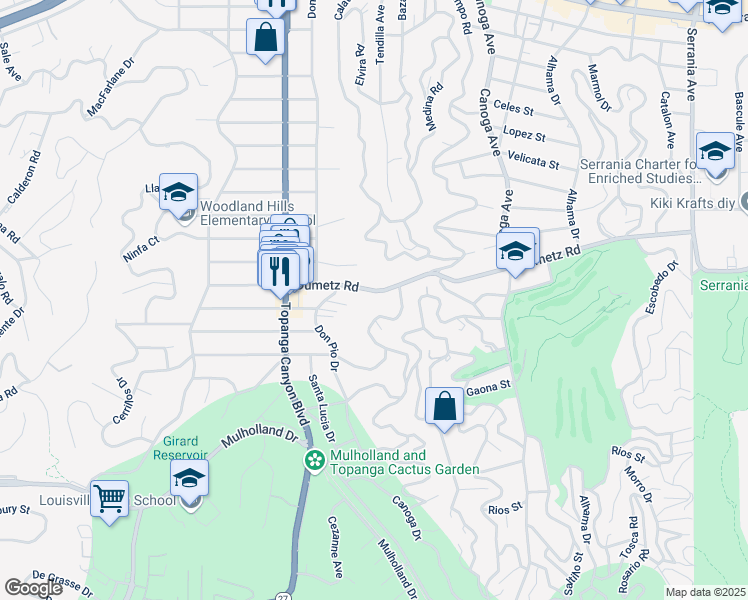 map of restaurants, bars, coffee shops, grocery stores, and more near 21730 Dumetz Road in Los Angeles
