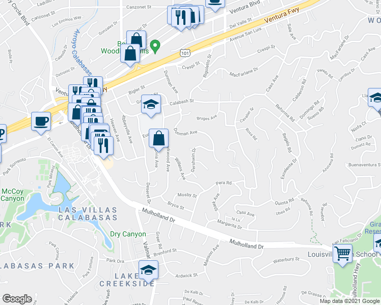 map of restaurants, bars, coffee shops, grocery stores, and more near 22901 Gershwin Drive in Los Angeles