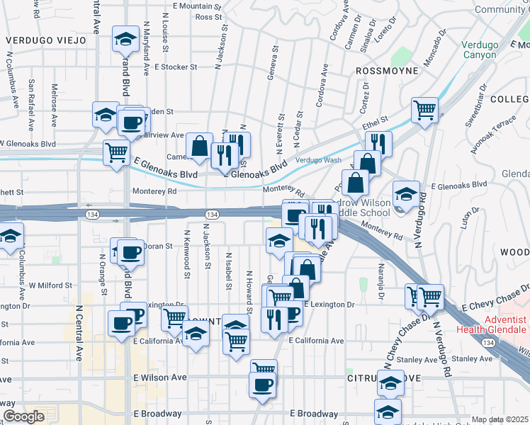 map of restaurants, bars, coffee shops, grocery stores, and more near 630 Geneva Street in Glendale