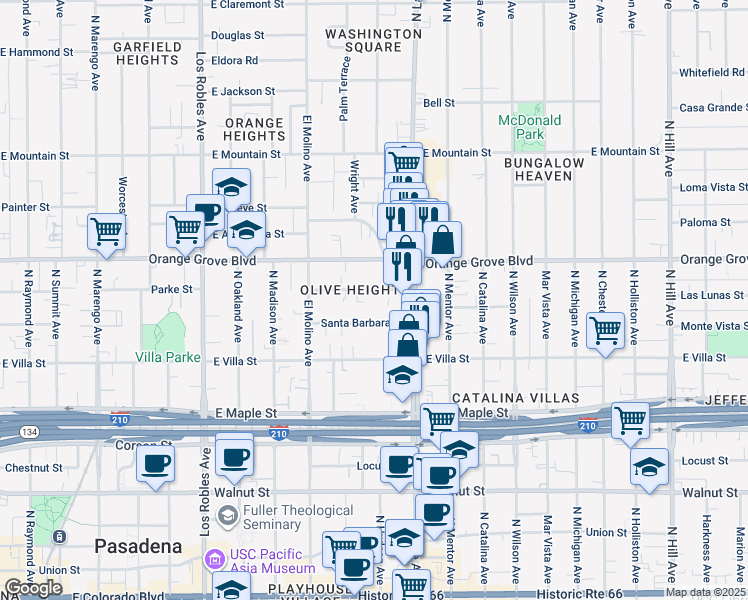 map of restaurants, bars, coffee shops, grocery stores, and more near 796 Earlham Street in Pasadena