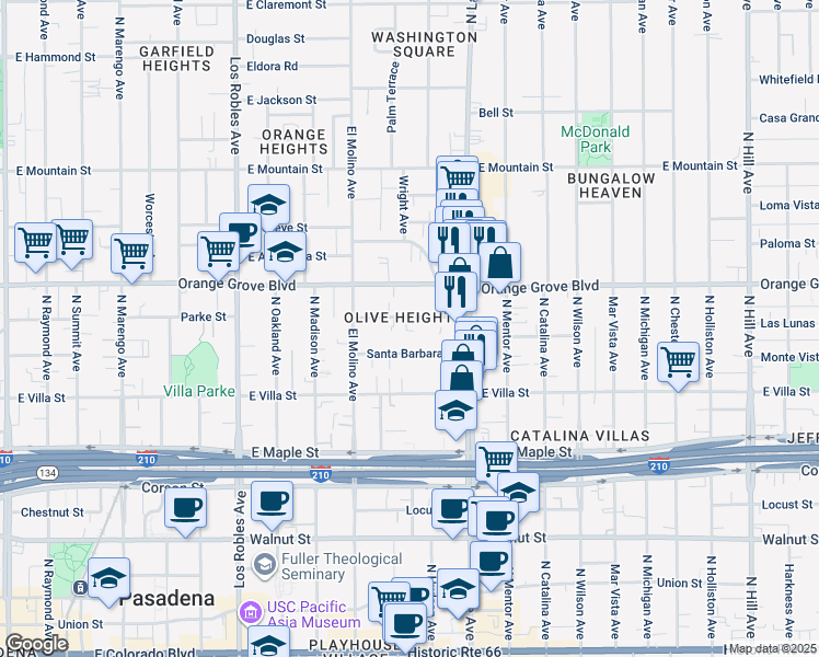 map of restaurants, bars, coffee shops, grocery stores, and more near 728 Earlham Street in Pasadena