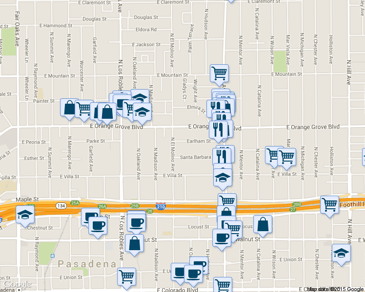 map of restaurants, bars, coffee shops, grocery stores, and more near 728 Earlham Street in Pasadena