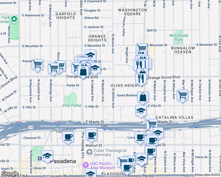 map of restaurants, bars, coffee shops, grocery stores, and more near 612 North El Molino Avenue in Pasadena