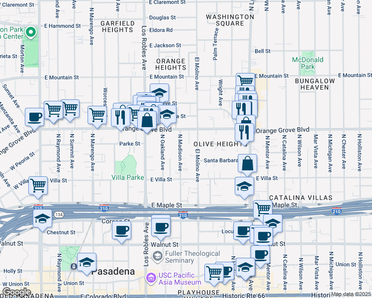 map of restaurants, bars, coffee shops, grocery stores, and more near 608 North Madison Avenue in Pasadena