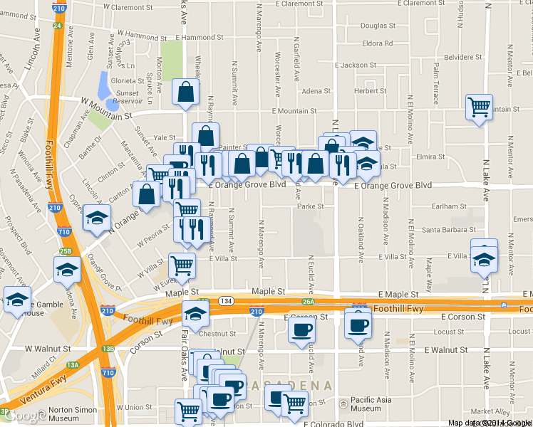 map of restaurants, bars, coffee shops, grocery stores, and more near 612 North Marengo Avenue in Pasadena